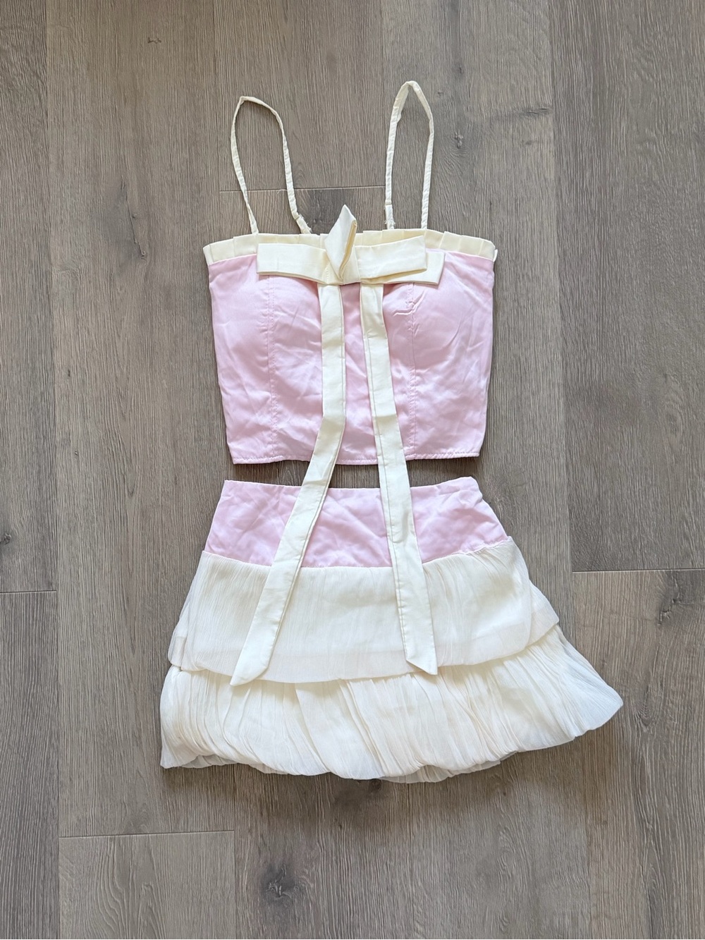 Women's Pink and Cream Two-Piece Crop Top & Skirt Set